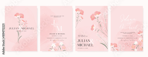 Summer Flower Wedding Invitation set, floral invite thank you, rsvp modern card Design in pink leaf greenery  branches with water color texture background. 