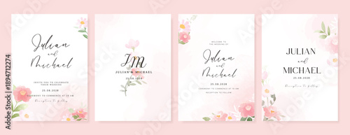 Summer Flower Wedding Invitation set, floral invite thank you, rsvp modern card Design in pink leaf greenery  branches with water color texture background. 