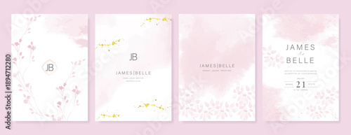 Summer Flower Wedding Invitation set, floral invite thank you, rsvp modern card Design in pink leaf greenery  branches with water color texture background. 