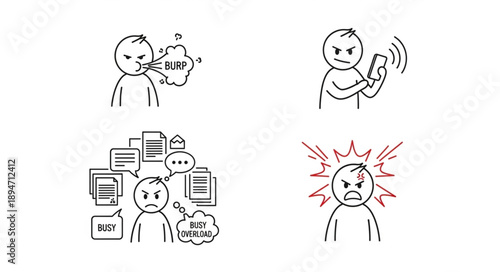 Four illustrations of people experiencing anger and frustration.