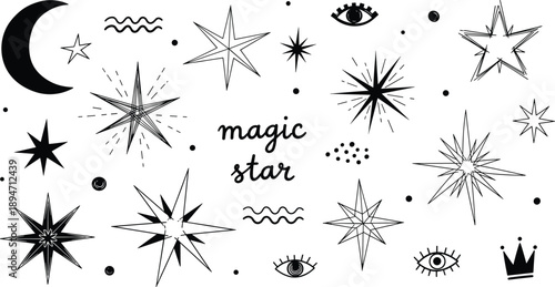 Large set of black hand drawn magic star silhouettes with crescent moon mystical eyes crown and celestial sparkles isolated on white for esoteric designs