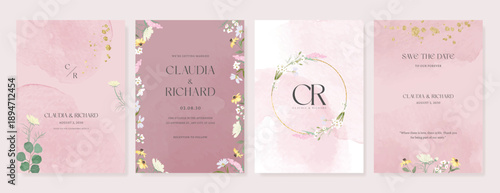 Summer Flower Wedding Invitation set, floral invite thank you, rsvp modern card Design in pink leaf greenery  branches with water color texture background. 