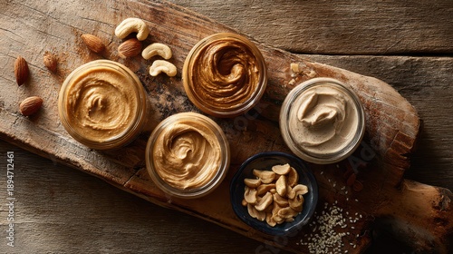 Assorted nut butters in jars on a rustic wooden board with copy space