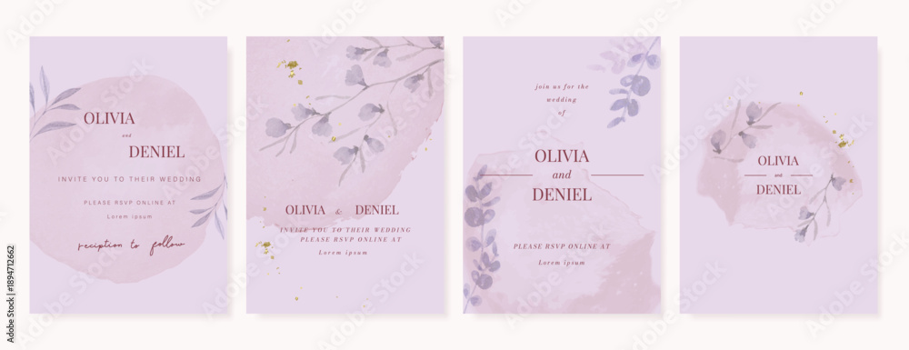 Obraz premium Summer Flower Wedding Invitation set, floral invite thank you, rsvp modern card Design in pink leaf greenery branches with water color texture background. 