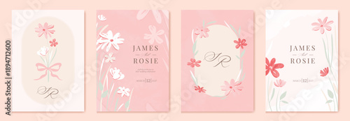 Summer Flower Wedding Invitation set, floral invite thank you, rsvp modern card Design in pink leaf greenery  branches with water color texture background. 