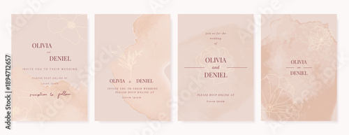 Summer Flower Wedding Invitation set, floral invite thank you, rsvp modern card Design in pink leaf greenery  branches with water color texture background. 
