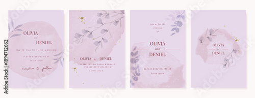 Summer Flower Wedding Invitation set, floral invite thank you, rsvp modern card Design in pink leaf greenery  branches with water color texture background. 