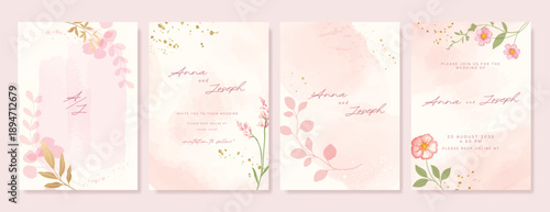 Summer Flower Wedding Invitation set, floral invite thank you, rsvp modern card Design in pink leaf greenery  branches with water color texture background. 