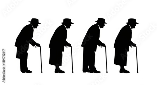 Four Silhouettes of Elderly Men Walking with Canes.