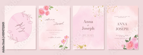 Summer Flower Wedding Invitation set, floral invite thank you, rsvp modern card Design in pink leaf greenery  branches with water color texture background. 