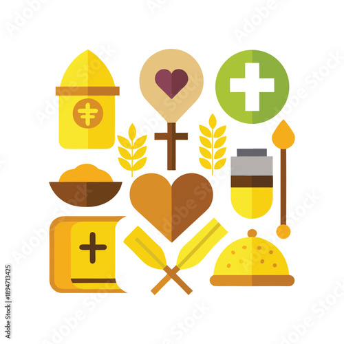 Christian Liturgical Icons Set with Eucharist Wheat Bread and Cross Symbols