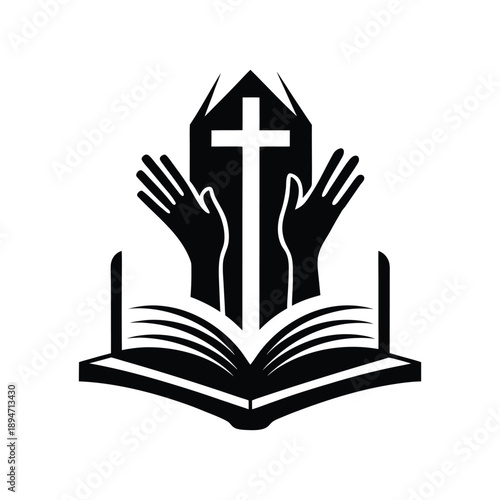 Christian Church Logo with Holy Bible, Cross, and Worshiping Hands Vector Illustration