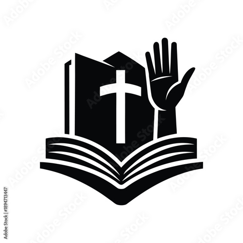 Christian Religious Oath Icon with Holy Bible, Cross, and Raised Hand Silhouette