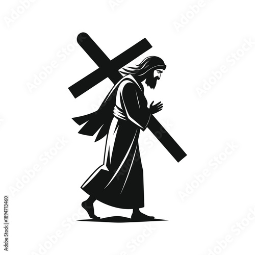 Man Carrying a Wooden Cross Silhouette Illustration - Religious Faith and Sacrifice Concept