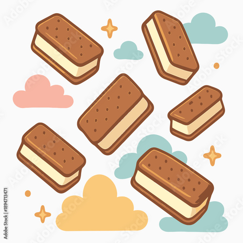 Playful vector illustration of flying ice cream sandwiches in a pastel sky, a sweet and dreamy treat for summer or dessert-themed designs.