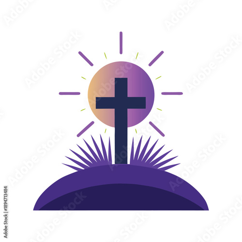 Christian Cross on Hill with Rising Sun and Palm Leaves Illustration