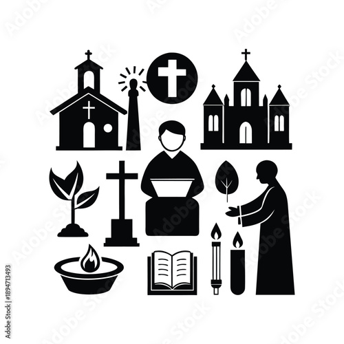 Christian Church and Religious Icons Set: Spiritual Worship, Funeral, and Faith Symbols