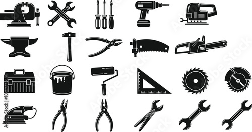 Large collection of black silhouette construction and carpentry tool icons featuring drill saw hammer wrenches and paint supplies for professional home improvement projects