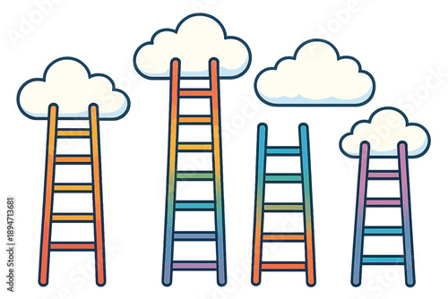 Playful surreal rainbow ladders leading up to fluffy clouds in a pastel sky, an imaginative vector illustration for aspiration and dreams.