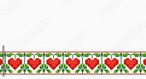 Red cross stitch heart embroidery border.