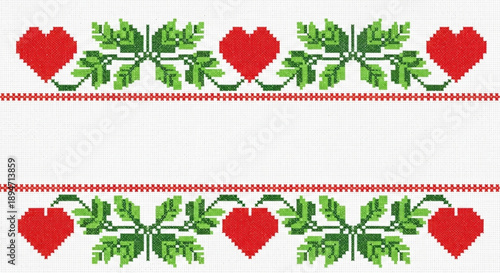 Red cross stitch heart embroidery border.