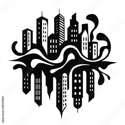 Surreal abstract city with gravity-defying, upside down buildings, a unique vector illustration for themes of alternate realities and urban fantasy.