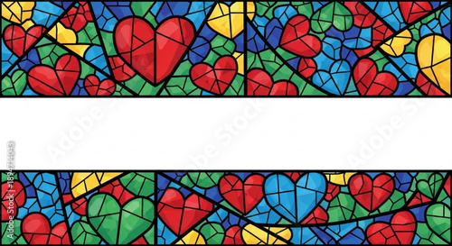 Colorful stained glass heart mosaic frame.