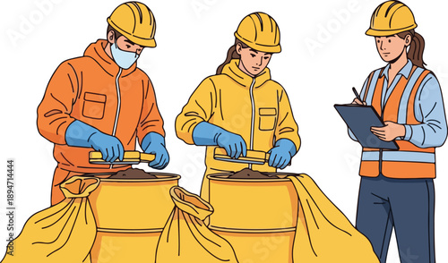 Workers in safety gear inspecting contents of large yellow sacks with supervisor reviewing details on clipboard