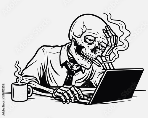 Skeleton Office Worker Suffering from Extreme Burnout Vector Illustration