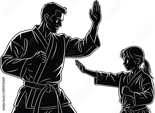 Black and white vector illustration of a karate lesson.