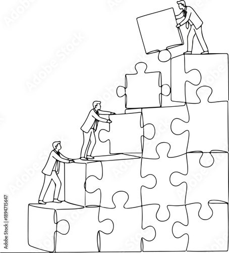 Teamwork illustration of people assembling puzzle pieces together on a white background from various viewpoints