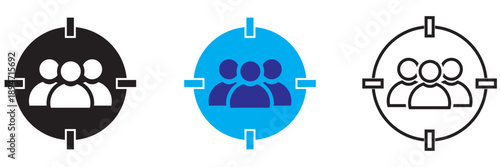 Target Audience Group Icon Illustration. Clean vector  of group of people inside target icons in different styles, representing audience targeting, user groups, focus, and marketing concepts.
