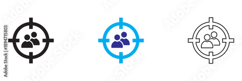 Target Audience Group Icon Illustration. Clean vector  of group of people inside target icons in different styles, representing audience targeting, user groups, focus, and marketing concepts.
