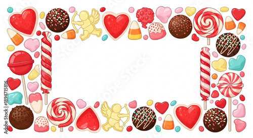 Valentine candy sweets and cupid angel border.