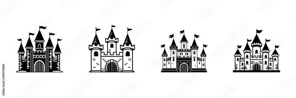 Obraz premium Castle Silhouettes In Hand Drawn Style Set. Medieval Architecture, Fantasy Fortresses, Fairytale Castles Doodle Sketch Collection. Historic Landmark Icons. Isolated Vector Illustration