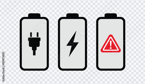 Battery Icons: Charging, Power, Warning Symbols