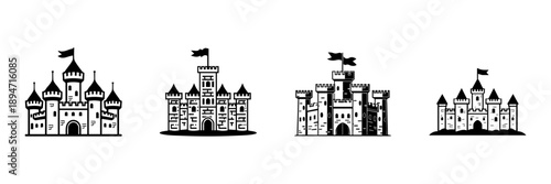 Medieval Castle Icons In Hand Drawn Style Set. Fantasy Architecture, Fortress, And Stronghold Doodle Sketch Collection. Historical Landmark Illustrations. Isolated Vector Illustration