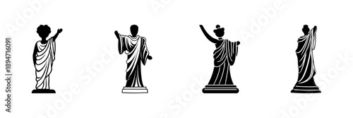 Ancient Roman Statue Silhouettes In Hand Drawn Style Set. Classical Sculpture, Historical Art, Cultural Heritage Doodle Sketch Collection. Artistic Representation. Isolated Vector Illustration