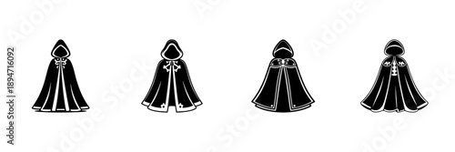 Hooded Cloak Designs In Hand Drawn Style Set. Medieval Fantasy, Costume, And Fashion Doodle Sketch Collection. Vintage Apparel Illustration. Isolated Vector Illustration