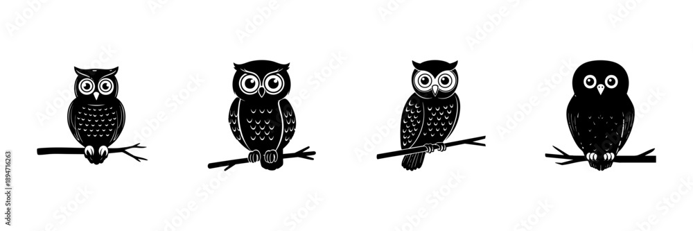 Obraz premium Owls On Branches In Hand Drawn Style Set. Wisdom, Nocturnal Birds, Nature Symbol Doodle Sketch Collection. Wildlife Illustration. Isolated Vector Illustration