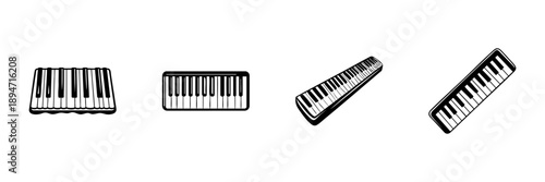 Keyboard And Piano Keys In Hand Drawn Style Set. Musical Instrument, Melody Creation, Music Education Doodle Sketch Collection. Isolated Vector Illustration