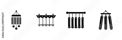 Wind Chimes Icon Set In Hand Drawn Style. Decorative Sound Instruments, Feng Shui, Relaxation, And Outdoor Decor Doodle Sketch Collection. Isolated Vector Illustration