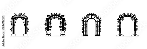Garden Archways With Climbing Plants In Hand Drawn Style Set. Decorative Garden Structures, Landscaping Design Elements Doodle Sketch Collection. Outdoor Aesthetic. Isolated Vector Illustration
