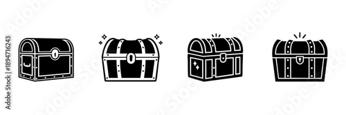 Treasure Chest Icons In Hand Drawn Style Set. Wealth, Adventure, And Discovery Doodle Sketch Collection. Pirate Treasure, Hidden Riches. Isolated Vector Illustration