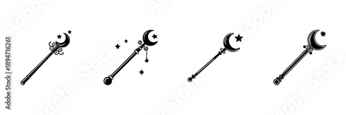 Magical Moon Wand Icons In Hand Drawn Style Set. Fantasy, Enchantment, And Mystical Power Doodle Sketch Collection. Celestial Theme With Stars. Isolated Vector Illustration