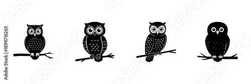 Owls On Branches In Hand Drawn Style Set. Wisdom, Nocturnal Birds, Nature Symbol Doodle Sketch Collection. Wildlife Illustration. Isolated Vector Illustration