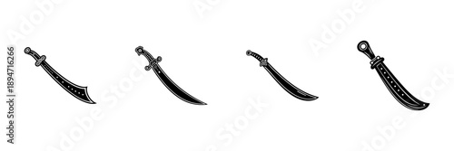 Curved Swords In Hand Drawn Style Set. Historical Weaponry, Medieval Combat, Swordsmanship Doodle Sketch Collection. Traditional Blades Design. Isolated Vector Illustration