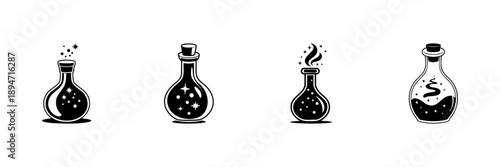 Magic Potion Bottles In Hand Drawn Style Set. Alchemy, Fantasy Elixirs, Mystical Brews Doodle Sketch Collection. Enchanted Liquid Designs. Isolated Vector Illustration