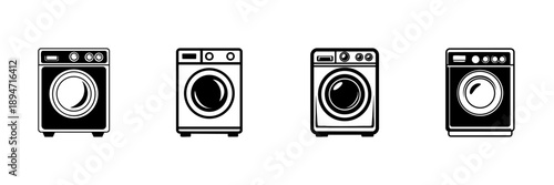 Washing Machine Icons In Hand Drawn Style Set. Home Appliance, Laundry Equipment, Cleaning Technology Doodle Sketch Collection. Household Chore Symbols. Isolated Vector Illustration