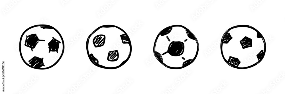 Fototapeta premium Soccer Ball Line Icon Set In Doodle Style. Sports Equipment And Football Game Symbols Outline Sketch Collection. Hand Drawn Isolated Vector Illustration